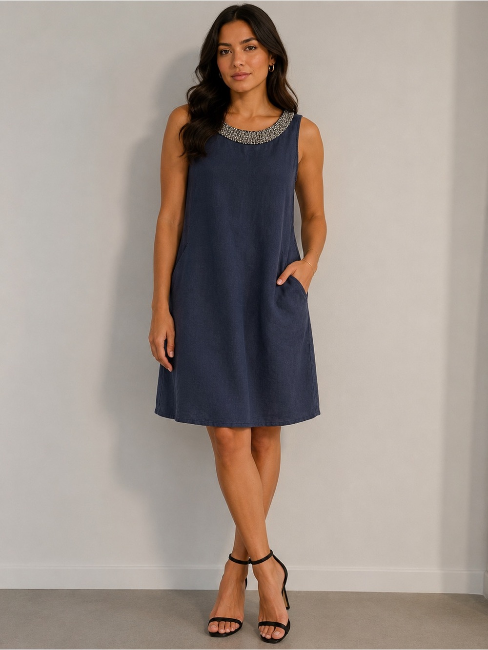 Beaded Crewneck Navy Sleeveless Maxi Dress